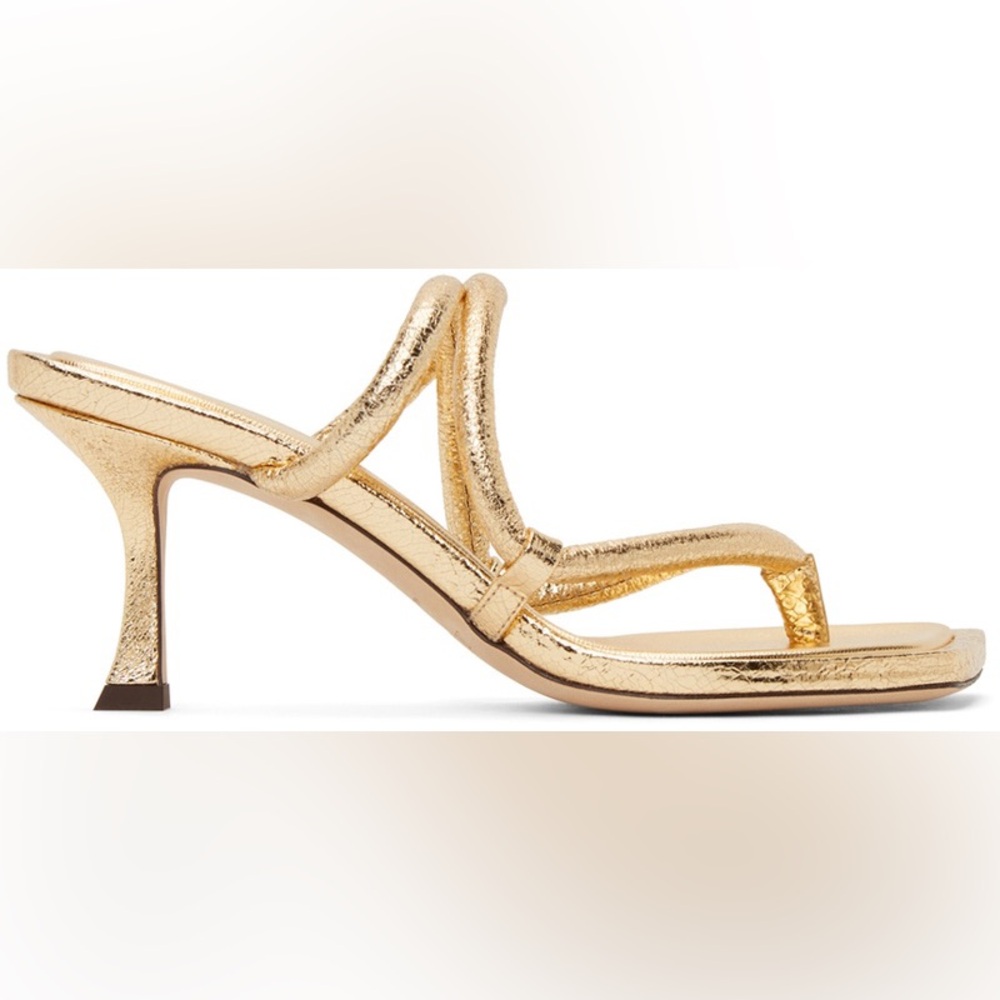 Jimmy Choo Gold Crackled Cape 70 Heeled Strappy Sandals 34 4 Like New - Picture 3 of 10